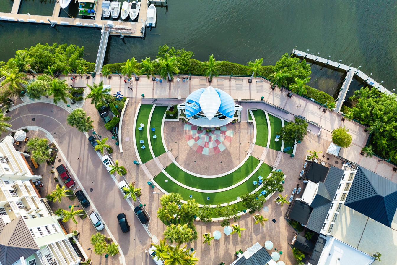 Aerial view of Harbourside Place waterfront destination in Jupiter